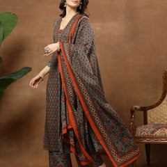 Kimayra Cotton Calf Length Printed 3/4 Sleeve V-Neck Flared Kurta Suit Set