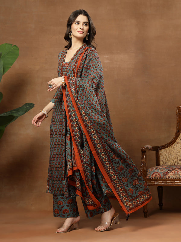 Kimayra Cotton Calf Length Printed 3/4 Sleeve V-Neck Flared Kurta Suit Set