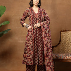Kimayra Cotton Calf Length Printed 3/4 Sleeve V-Neck Flared Kurta Suit Set