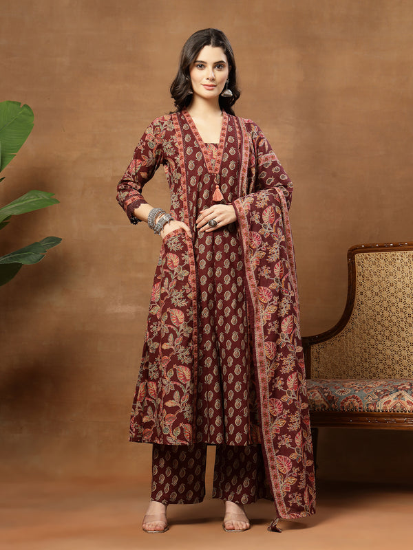 Kimayra Cotton Calf Length Printed 3/4 Sleeve V-Neck Flared Kurta Suit Set