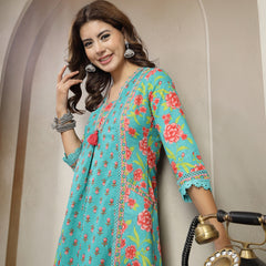 Kimayra Cotton Calf Length Printed 3/4 Sleeve V-Neck Flared Kurta Suit Set