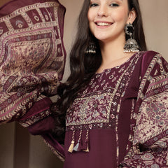 Kimayra Cotton Calf Length Solid 3/4 Sleeve Round Neck Straight Kurta Suit Set