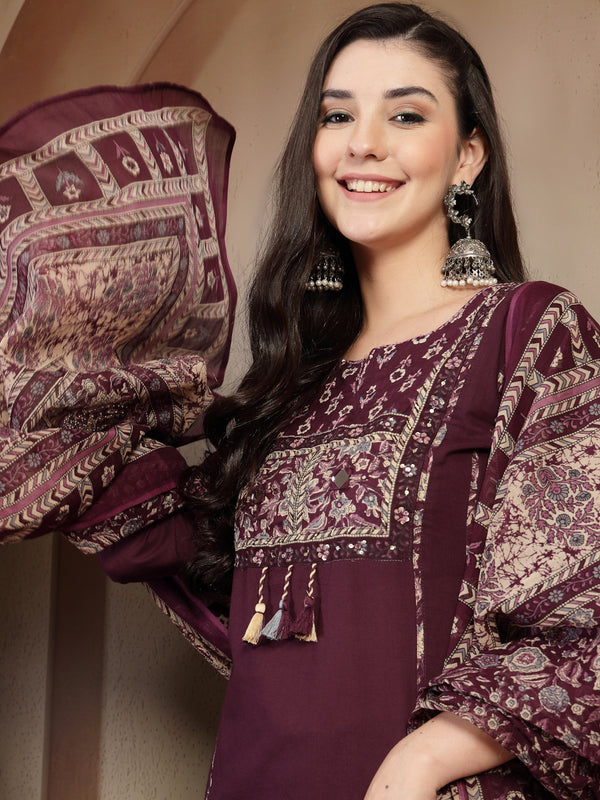 Kimayra Cotton Calf Length Solid 3/4 Sleeve Round Neck Straight Kurta Suit Set