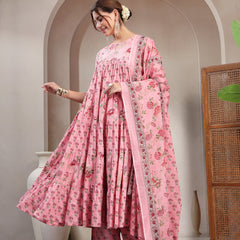 Kimayra Cotton Calf Length Printed 3/4 Sleeve Key Hole Neck Flared Kurta Suit Set