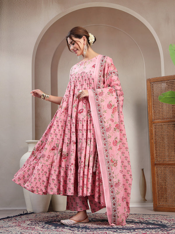 Kimayra Cotton Calf Length Printed 3/4 Sleeve Key Hole Neck Flared Kurta Suit Set