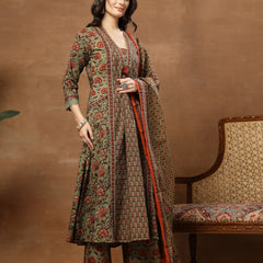 Kimayra Cotton Calf Length Printed 3/4 Sleeve V-Neck Flared Kurta Suit Set