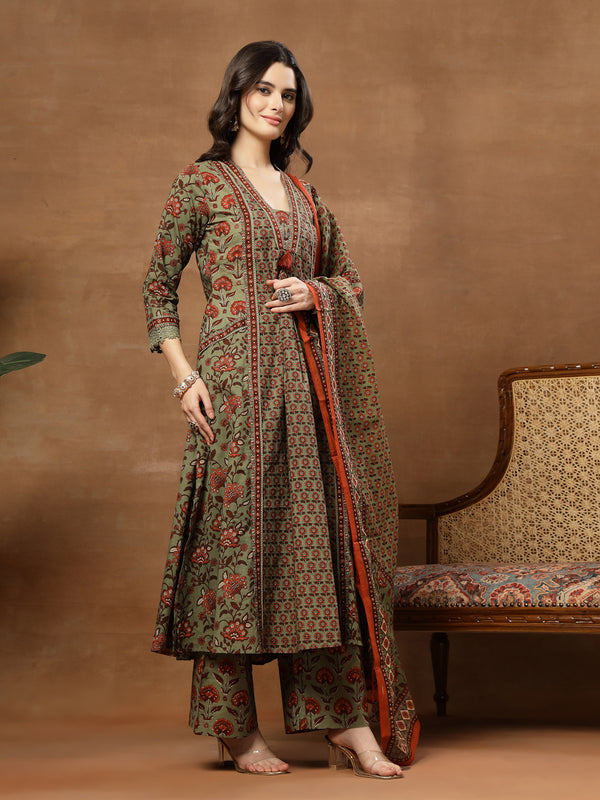 Kimayra Cotton Calf Length Printed 3/4 Sleeve V-Neck Flared Kurta Suit Set