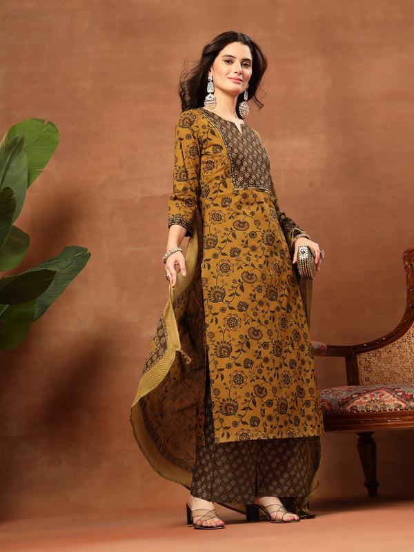 Kimayra Cotton Calf Length Printed 3/4 Sleeve Round Neck Straight Kurta Suit Set
