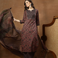 Kimayra Cotton Calf Length Printed 3/4 Sleeve Round Neck Straight Kurta Suit Set