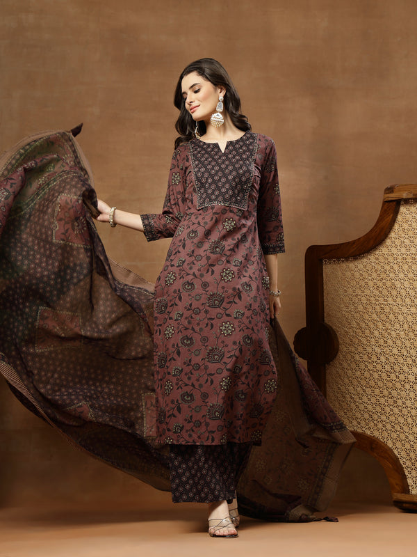 Kimayra Cotton Calf Length Printed 3/4 Sleeve Round Neck Straight Kurta Suit Set