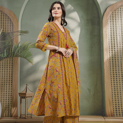 Kimayra Cotton Calf Length Printed 3/4 Sleeve V-Neck Flared Kurta Suit Set