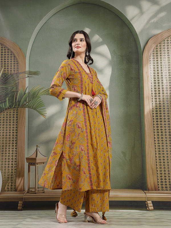 Kimayra Cotton Calf Length Printed 3/4 Sleeve V-Neck Flared Kurta Suit Set