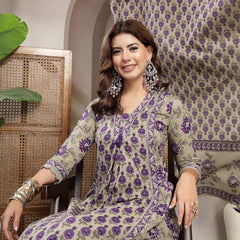 Kimayra Cotton Calf Length Printed 3/4 Sleeve V-Neck A-Line Kurta Suit Set