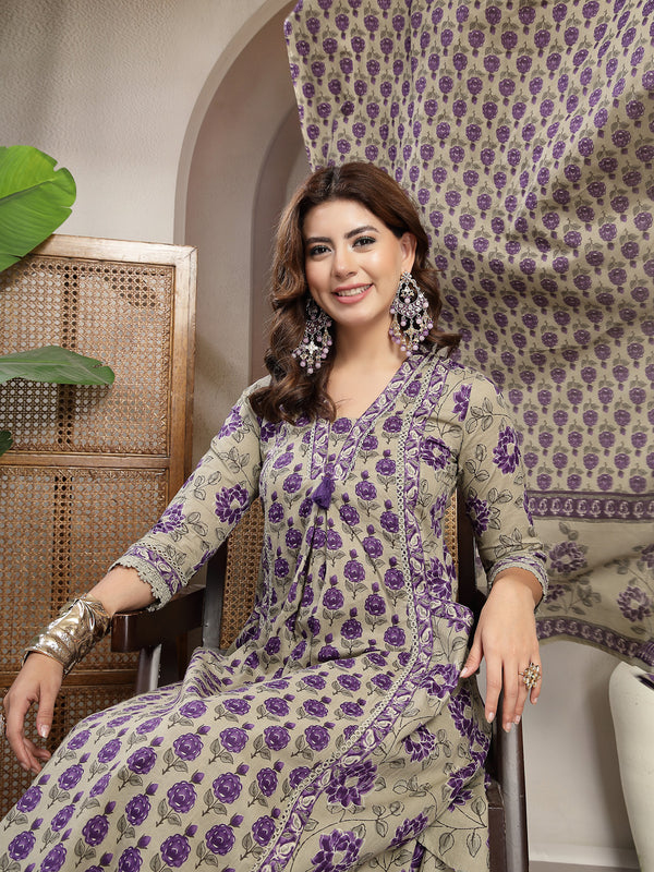 Kimayra Cotton Calf Length Printed 3/4 Sleeve V-Neck A-Line Kurta Suit Set