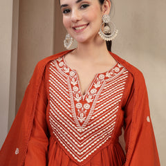 Kimayra Cotton Calf Length Solid 3/4 Sleeve Round Neck Flared Kurta Suit Set