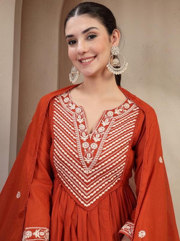 Kimayra Cotton Calf Length Solid 3/4 Sleeve Round Neck Flared Kurta Suit Set