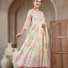 Kimayra Cotton Calf Length Printed 3/4 Sleeve V Neck Flared Kurta Suit Set