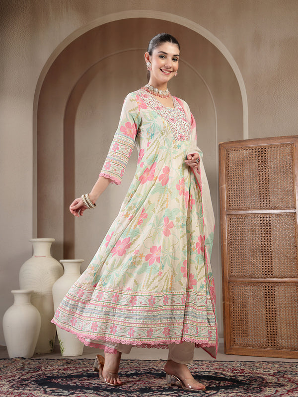 Kimayra Cotton Calf Length Printed 3/4 Sleeve V Neck Flared Kurta Suit Set