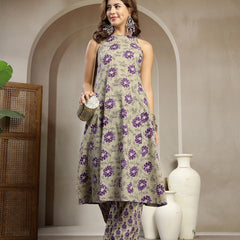 Kimayra Cotton Calf Length Printed Sleeveless Round Neck Flared Kurta Suit Set