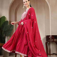 Kimayra Cotton Calf Length Solid 3/4 Sleeve Round Neck Flared Kurta Suit Set