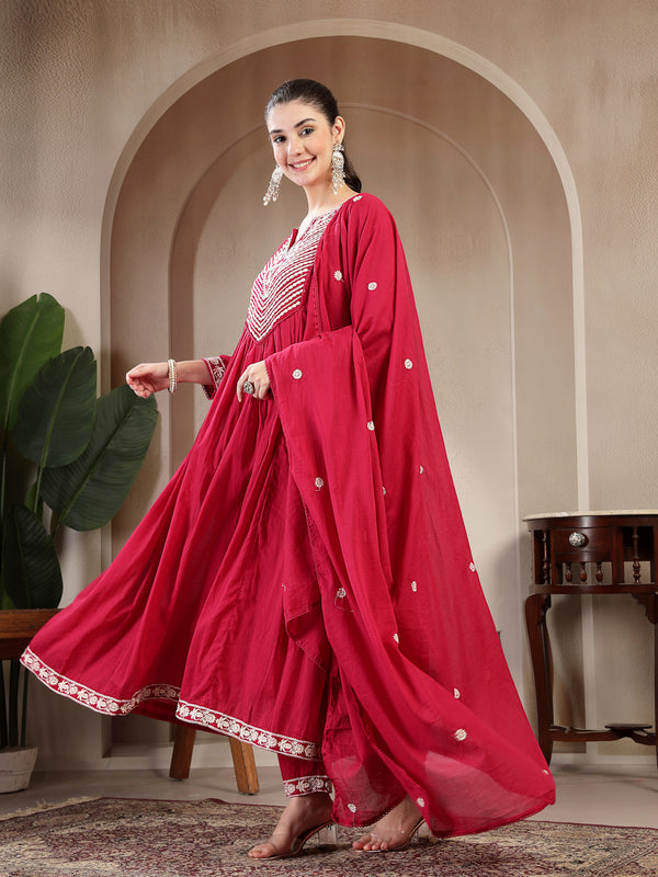 Kimayra Cotton Calf Length Solid 3/4 Sleeve Round Neck Flared Kurta Suit Set