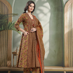 Kimayra Cotton Calf Length Printed 3/4 Sleeve V-Neck Flared Kurta Suit Set