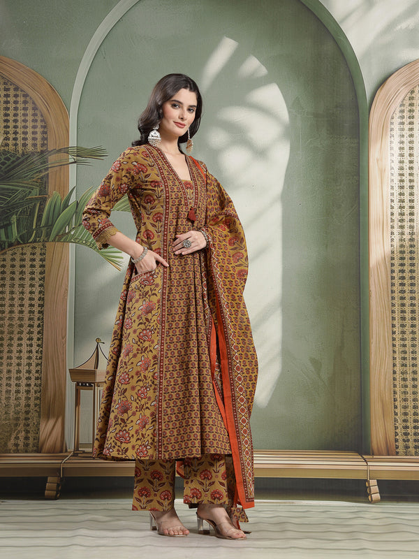 Kimayra Cotton Calf Length Printed 3/4 Sleeve V-Neck Flared Kurta Suit Set