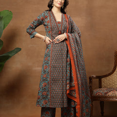 Kimayra Cotton Calf Length Printed 3/4 Sleeve V-Neck Flared Kurta Suit Set
