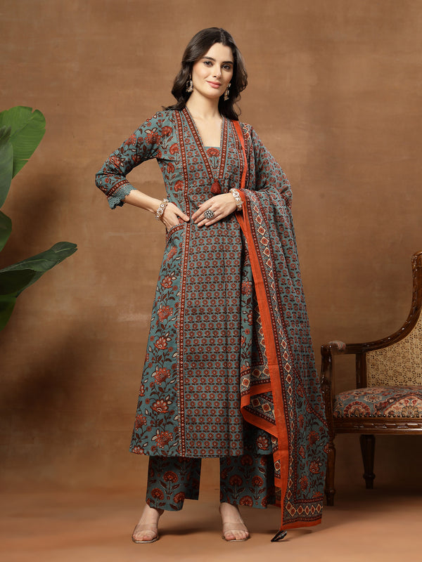Kimayra Cotton Calf Length Printed 3/4 Sleeve V-Neck Flared Kurta Suit Set