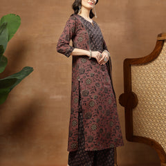 Kimayra Cotton Calf Length Printed 3/4 Sleeve Round Neck Straight Kurta Suit Set