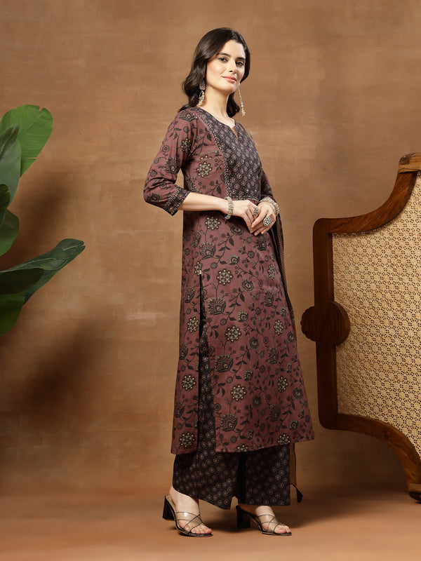 Kimayra Cotton Calf Length Printed 3/4 Sleeve Round Neck Straight Kurta Suit Set