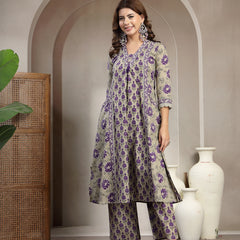 Kimayra Cotton Calf Length Printed 3/4 Sleeve V-Neck A-Line Kurta Suit Set