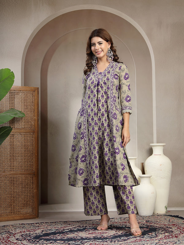 Kimayra Cotton Calf Length Printed 3/4 Sleeve V-Neck A-Line Kurta Suit Set