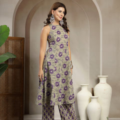Kimayra Cotton Calf Length Printed Sleeveless Round Neck Flared Kurta Suit Set