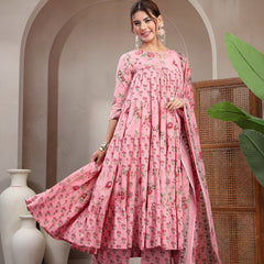 Kimayra Cotton Calf Length Printed 3/4 Sleeve Key Hole Neck Flared Kurta Suit Set