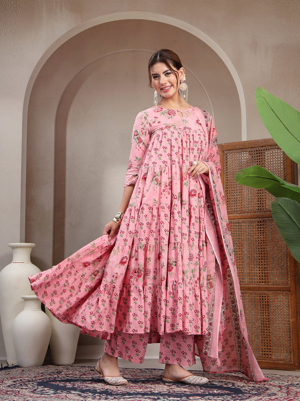Kimayra Cotton Calf Length Printed 3/4 Sleeve Key Hole Neck Flared Kurta Suit Set