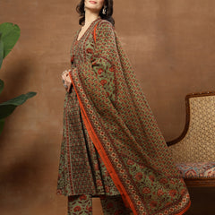 Kimayra Cotton Calf Length Printed 3/4 Sleeve V-Neck Flared Kurta Suit Set