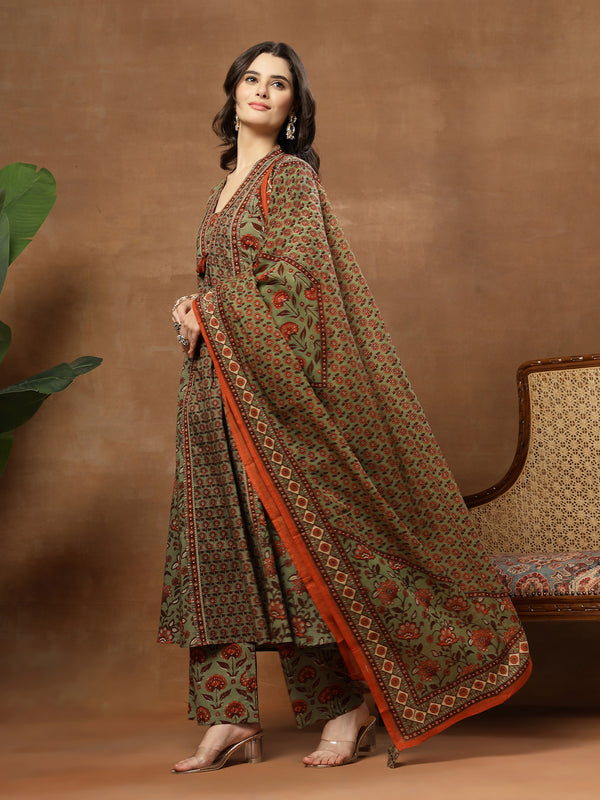Kimayra Cotton Calf Length Printed 3/4 Sleeve V-Neck Flared Kurta Suit Set