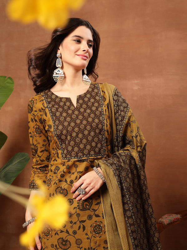 Kimayra Cotton Calf Length Printed 3/4 Sleeve Round Neck Straight Kurta Suit Set