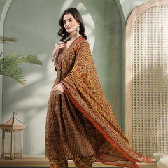 Kimayra Cotton Calf Length Printed 3/4 Sleeve V-Neck Flared Kurta Suit Set