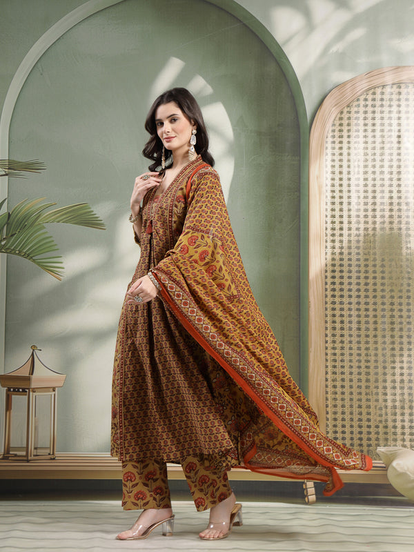Kimayra Cotton Calf Length Printed 3/4 Sleeve V-Neck Flared Kurta Suit Set