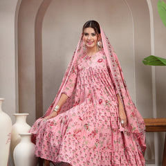 Kimayra Cotton Calf Length Printed 3/4 Sleeve Key Hole Neck Flared Kurta Suit Set