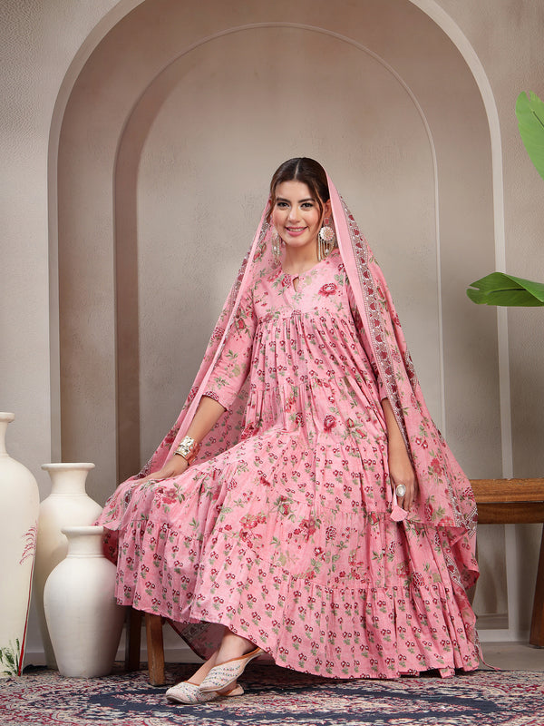 Kimayra Cotton Calf Length Printed 3/4 Sleeve Key Hole Neck Flared Kurta Suit Set