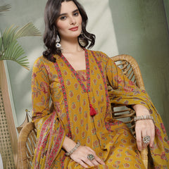 Kimayra Cotton Calf Length Printed 3/4 Sleeve V-Neck Flared Kurta Suit Set