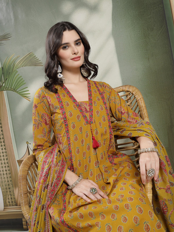 Kimayra Cotton Calf Length Printed 3/4 Sleeve V-Neck Flared Kurta Suit Set