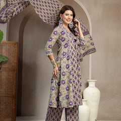 Kimayra Cotton Calf Length Printed 3/4 Sleeve V-Neck A-Line Kurta Suit Set