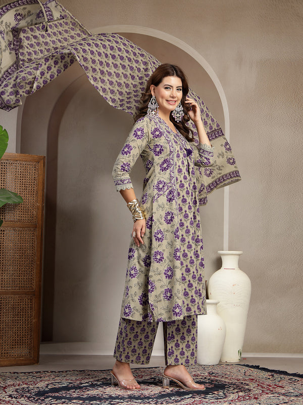 Kimayra Cotton Calf Length Printed 3/4 Sleeve V-Neck A-Line Kurta Suit Set