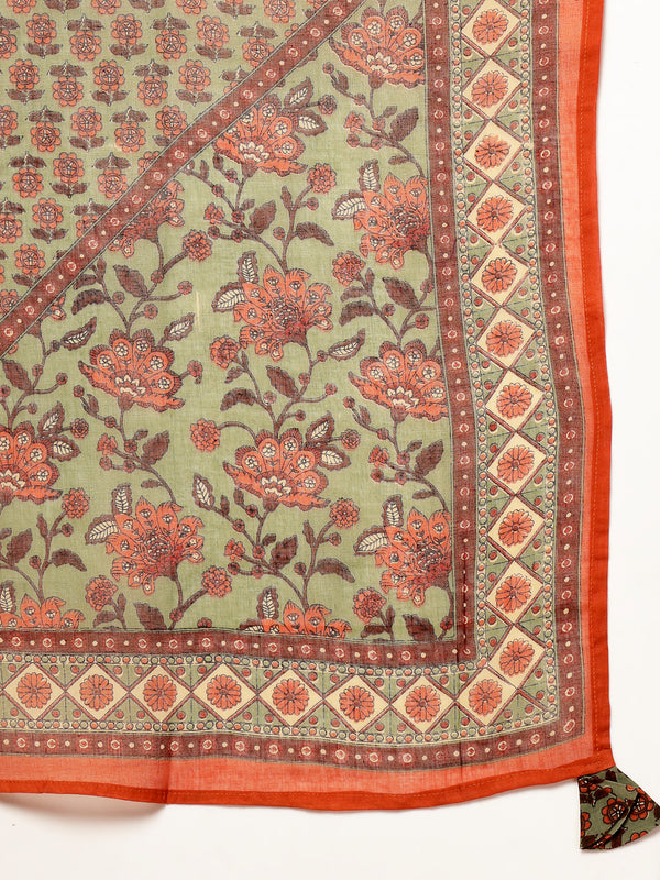 Kimayra Cotton Calf Length Printed 3/4 Sleeve V-Neck Flared Kurta Suit Set
