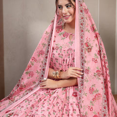 Kimayra Cotton Calf Length Printed 3/4 Sleeve Key Hole Neck Flared Kurta Suit Set