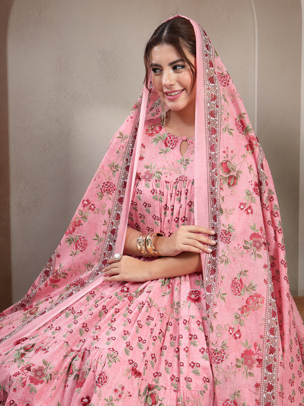 Kimayra Cotton Calf Length Printed 3/4 Sleeve Key Hole Neck Flared Kurta Suit Set
